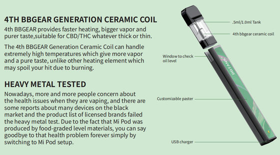 Vape Pod แบบใช้แล้วทิ้ง CBD / THC Oil แฟชั่น BBTANK Mi POD 350mAh แบตเตอรี่ ขดลวดเซรามิก Pod Vape