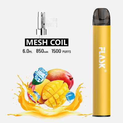 OEM ODM 1500puff 850mAh Vape Pod แบบใช้แล้วทิ้ง 6.0ml E Liquid Mesh Coil