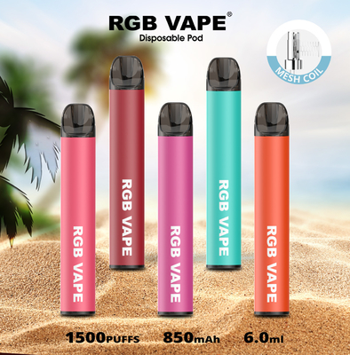 RGBvape SS304 Ecig 1500 พัฟอุปกรณ์ vape แบบใช้แล้วทิ้งพร้อมขดลวดตาข่าย